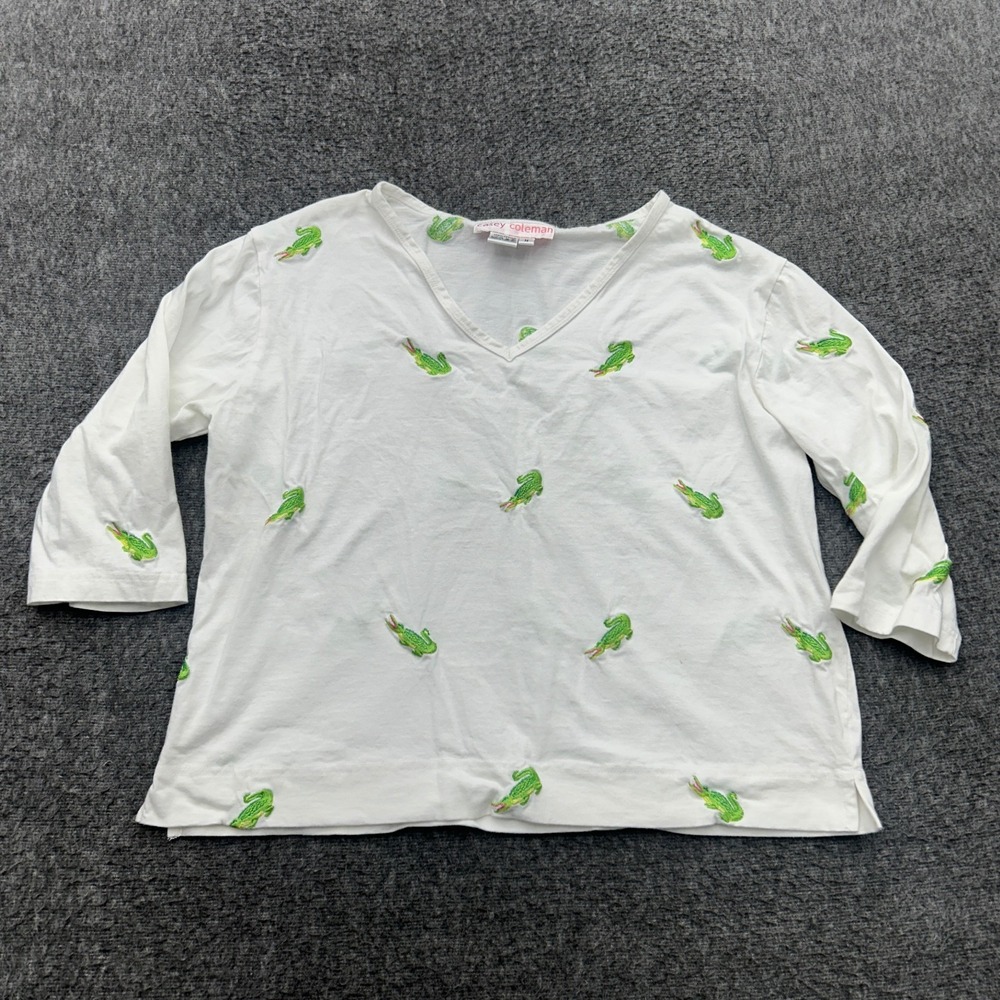Casey Coleman Women Medium White Cotton Embroidered Gator Pullover V-Neck Shirt